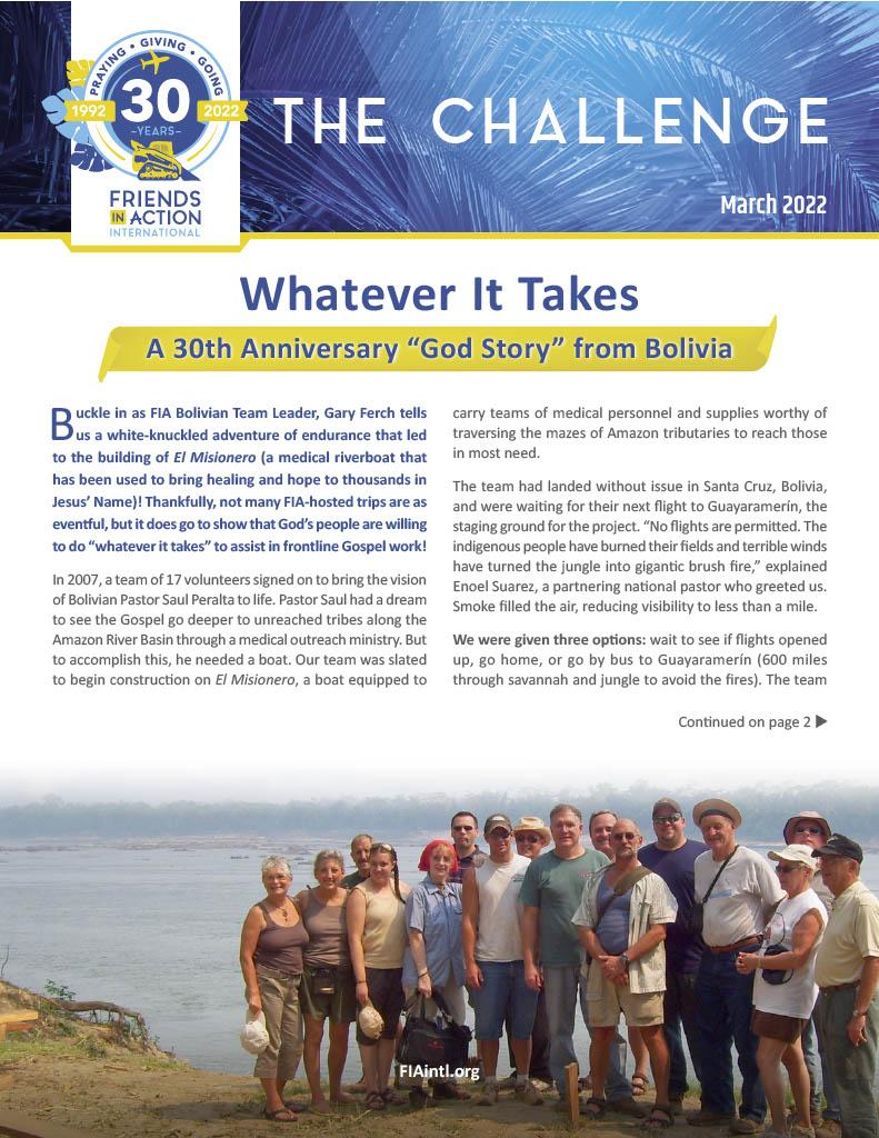 Cover image of Friends In Action, Intl., March 2022 publication of "The Challenge" magazine.
